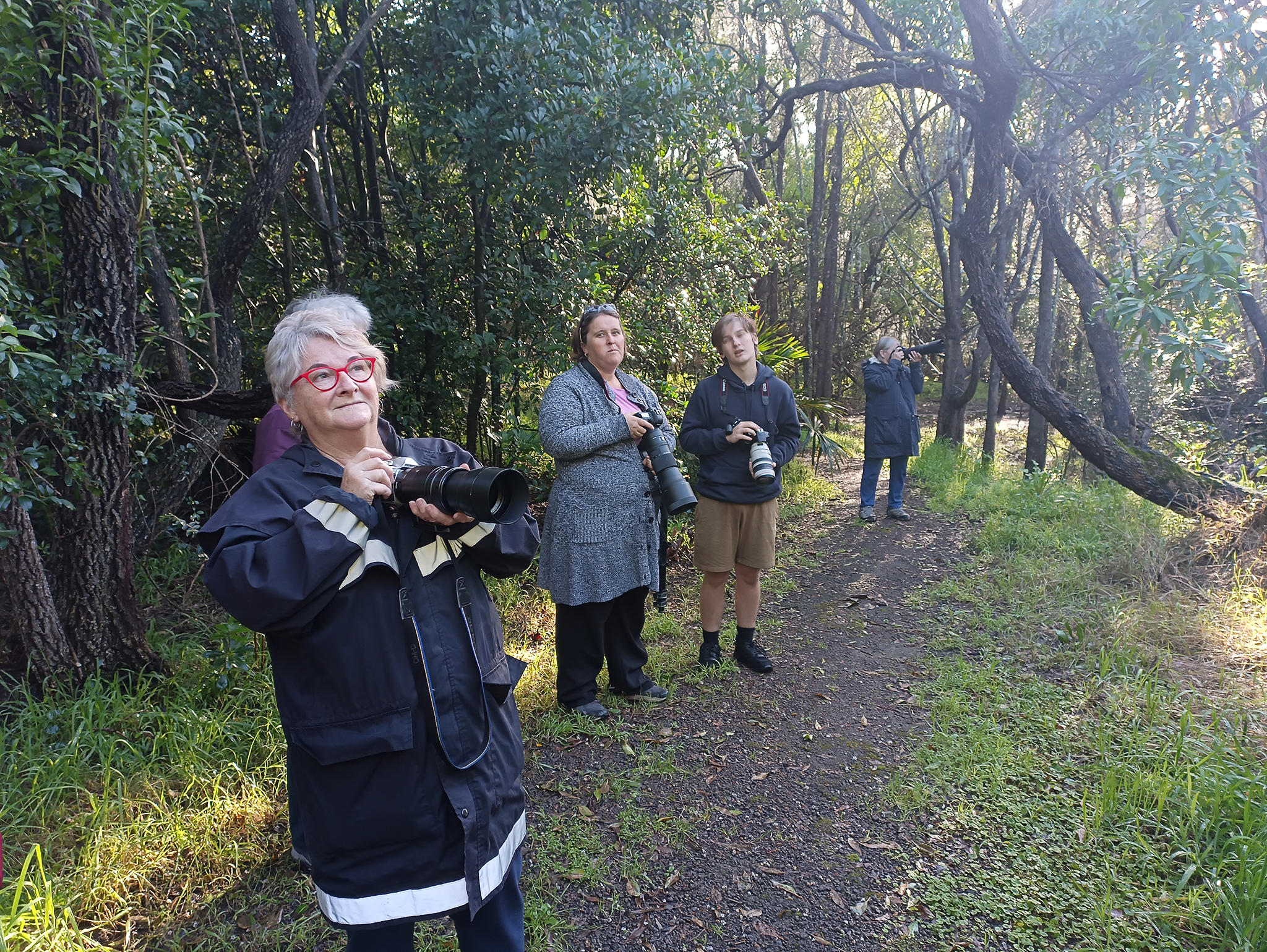 Photography workshop participants observing light in bush setting
